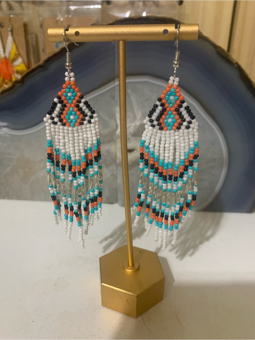Beaded Fringe Earrings in White, Turquoise & Coral
